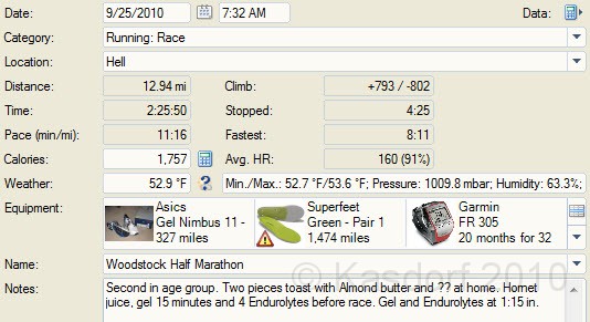 Woodstock 2010 Summary 2.jpg - The Woodstock Half Marathon September 25, 2010. The overall stats according to the Garmin and Sport Tracks.
